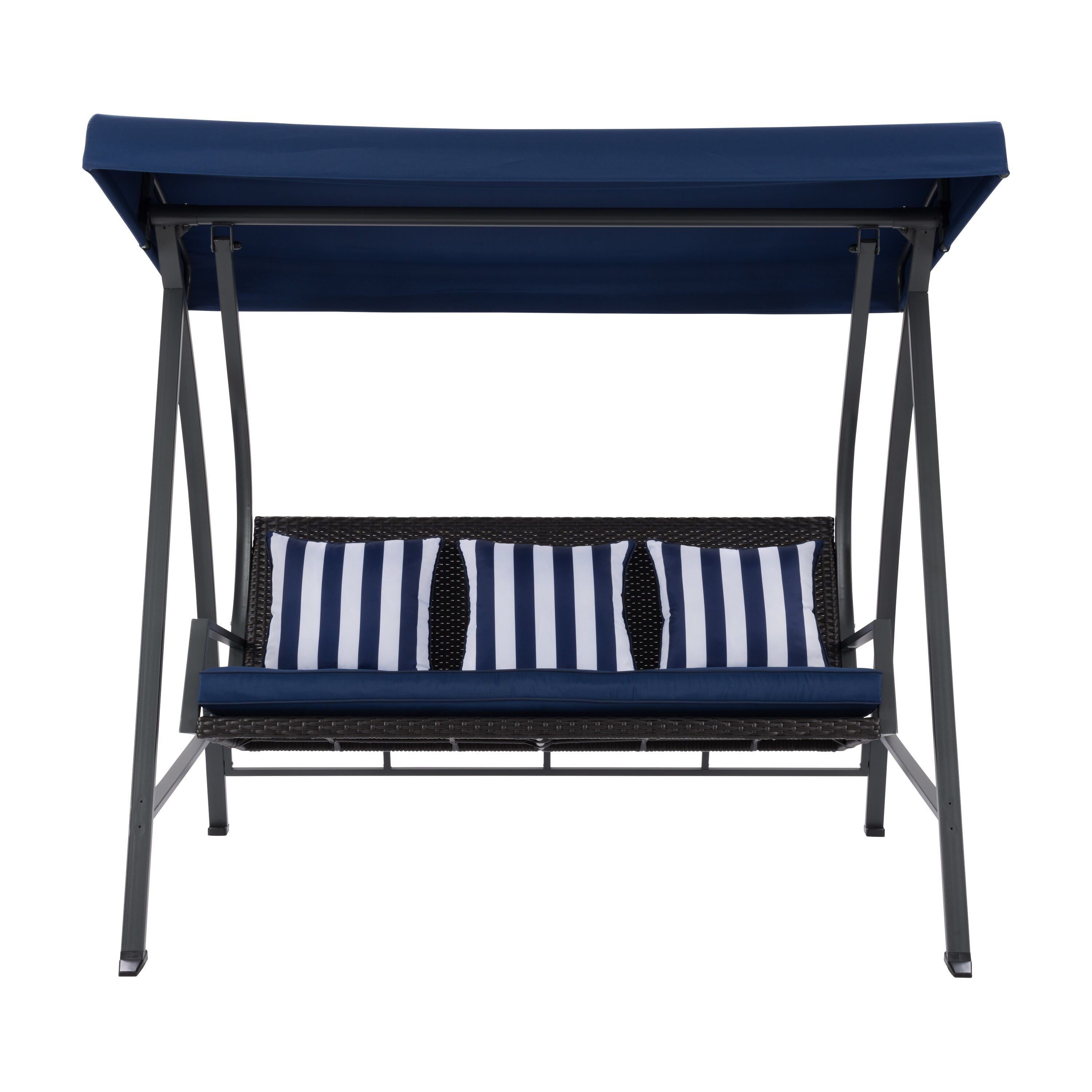 Flora Navy Blue 3 Seat Metal Frame Patio Swing with Canopy Striped Pillows Walmart