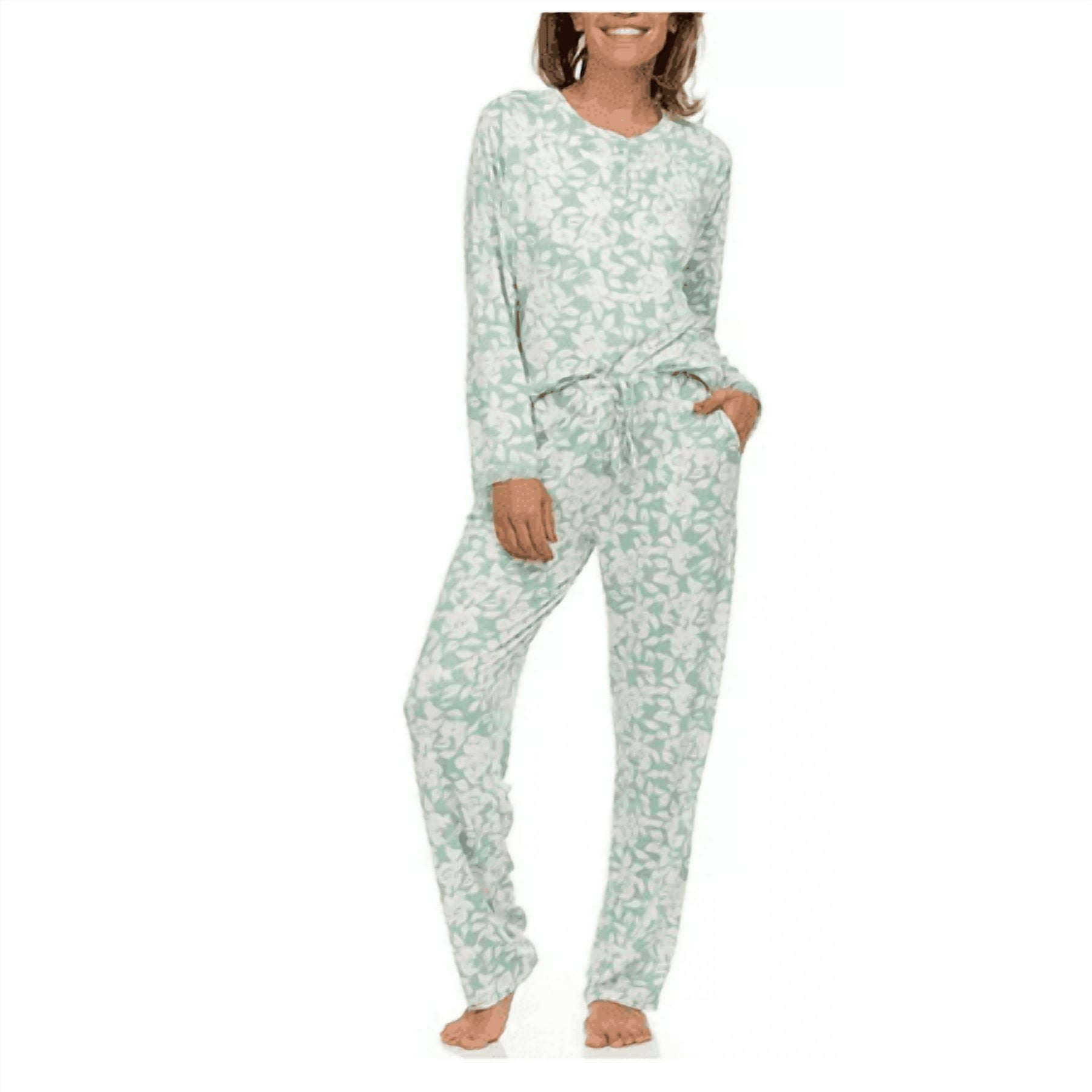 Flora Nikrooz 2-Piece Long Sleeve Henley Pajama Set Small Green