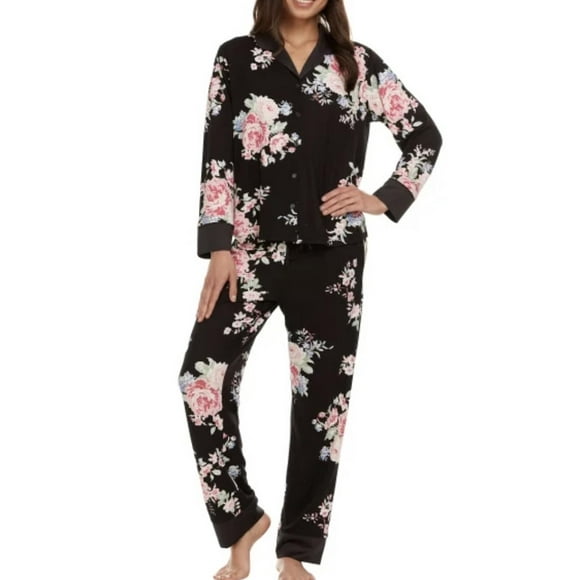 FN Women's 2 Piece Super Soft Satin Trim Notch Collar Pajama Sleep Lounge Set (US, Alpha, X-Large, Regular, Regular, Black)