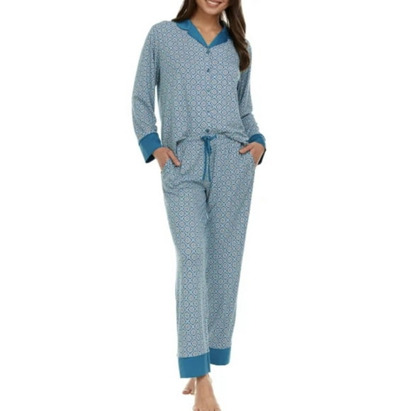 FN Women's 2 Piece Super Soft Satin Trim Notch Collar Pajama Sleep Lounge Set (US, Alpha, X-Large, Regular, Regular, Teal)
