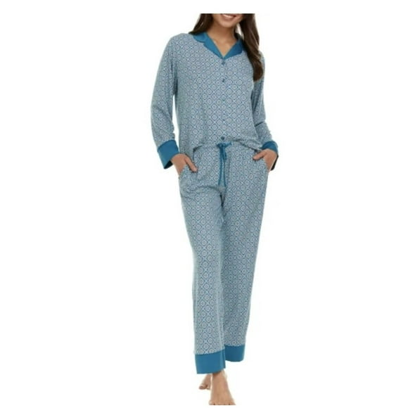 FN Women's 2 Piece Super Soft Satin Trim Notch Collar Pajama Sleep Lounge Set (US, Alpha, XS, Regular, Teal)