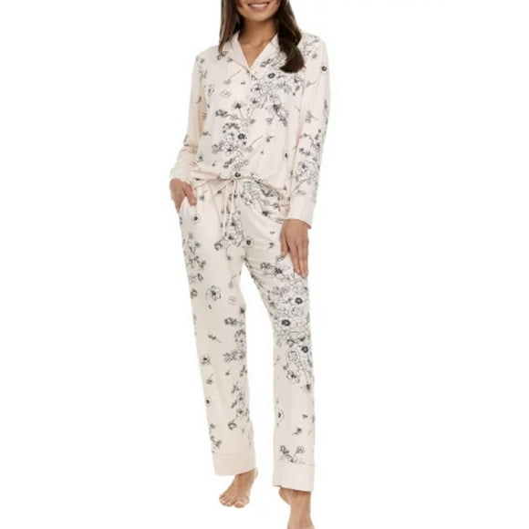 FN Women's 2 Piece Super Soft Satin Trim Notch Collar Pajama Sleep Lounge Set (US, Alpha, XX-Large, Regular, Regular, Pink)