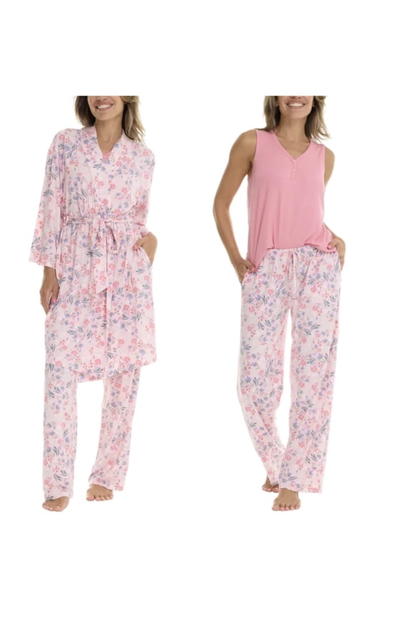 Womens 3-Piece Sleepwear Set with Robe, Tank & Pants (Pink, Large)