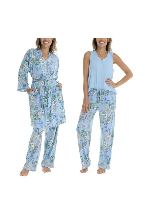 Womens 3-Piece Sleepwear Set with Robe, Tank & Pants (Blue, XX-Large)