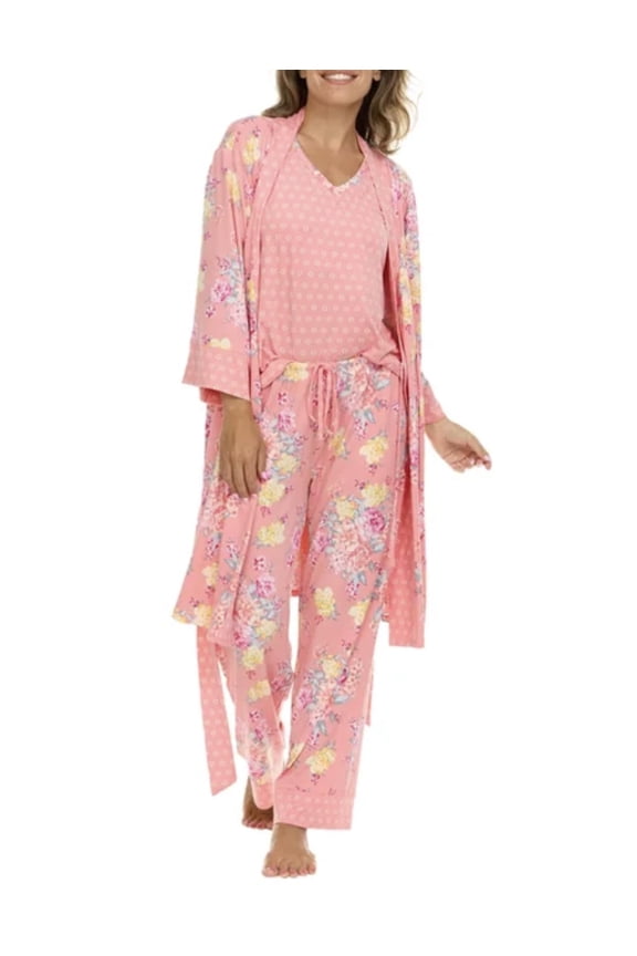 FN Women's Super Soft 3 Piece Pajama Sleep Set, Robe, Tank, and Pant (US, Alpha, XX-Large, Regular, Regular, Pink Floral)