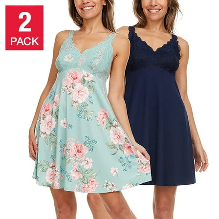 Flora Nikrooz Women's 2-Pack V-Neck Lightweight Soft Lace Trim Chemise (Blue, S)