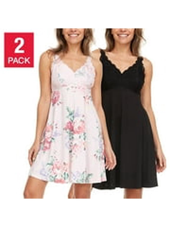 Women's 2-Pack V-Neck Lightweight Soft Lace Trim Chemise (Pink, M)
