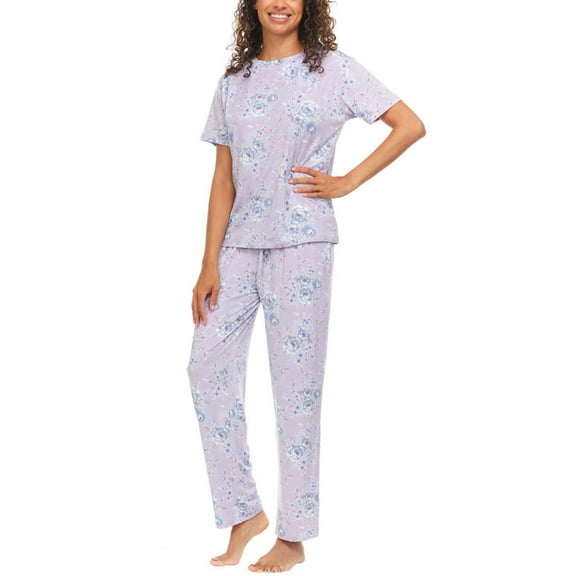 Flora Nikrooz Women's 2-Piece Super Soft Floral Print Top and Pants Pajama Set-Purple / 2X