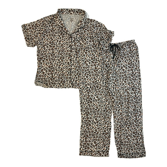 Flora Nikrooz Women's Short Sleeve Button Up Notch Collar Pajamas, 2 Piece Set (Leopard, XL)