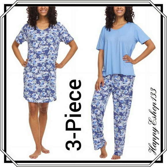 Womens 3 pc Sleep Set, Blue Floral, Medium