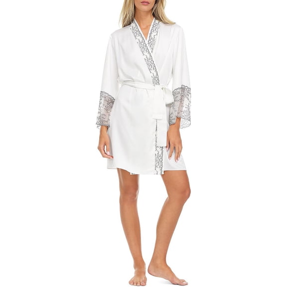 Flora Nikrooz Womens Satin Lace Trim Long Robe