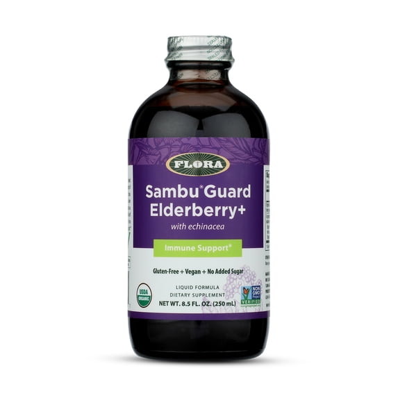 Flora Organic Black Elderberry Syrup + 8.5 fl. Oz. - Immune Booster with Echinacea, for Kids & Adults, No Added Sugar, Gluten Free, Vegan, SambuGuard