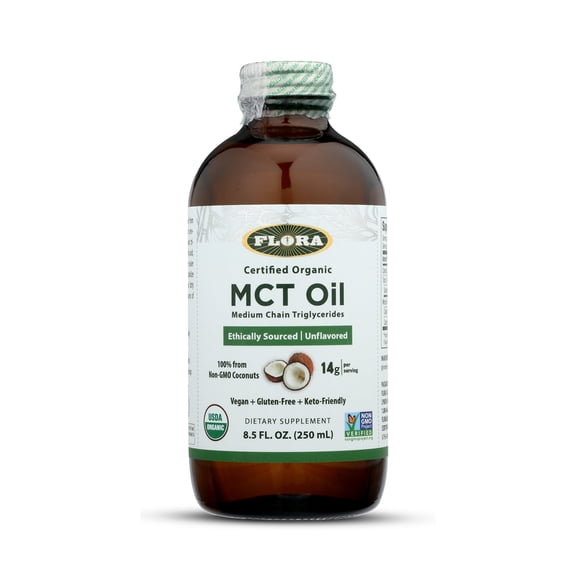 Flora - Organic MCT Oil made from Ethically and Sustainably Sourced Coconuts - 8.5 oz Liquid - Amber Glass Bottle
