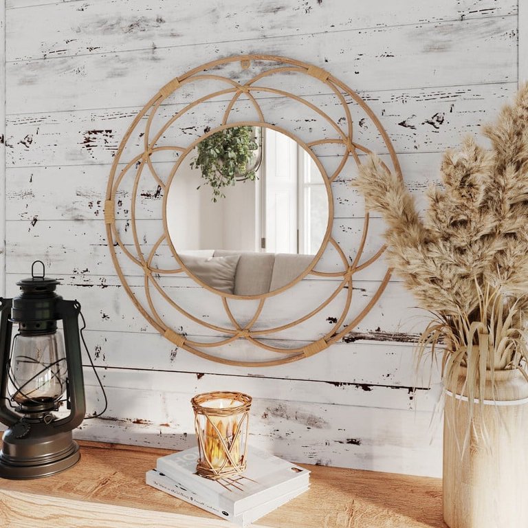 小物 traditionalwhetherwearFOLDINGBAMBOOMINI Flora Tan Round Bamboo Wide Frame Boho Wall Mirror - Walmart.com