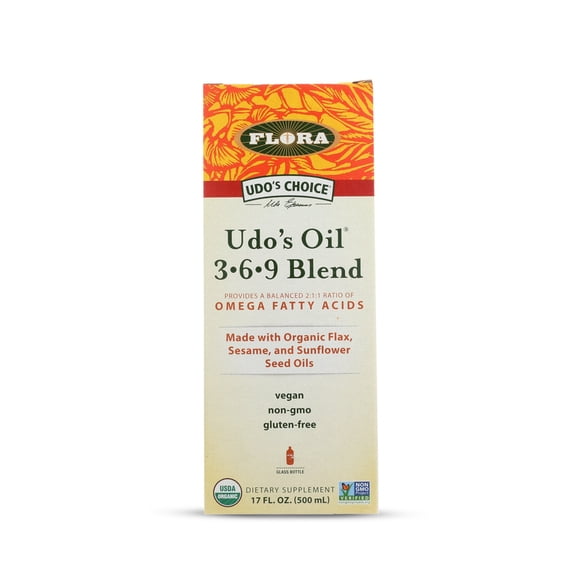 Flora - Udo's Choice Omega 369 Oil Blend, Made with Organic Flax, Sesame & Sunflower Seed Oils, Plant-Based Vegan Omega Fatty Acids, Based on Ideal 2:1:1 Ratio, 17-fl, oz. Glass Bottle