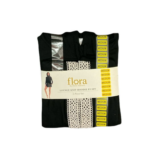 Flora Women's Lounge Brushed Knit Lace Detail Hoodie & Shorts PJ Set (Black, L)