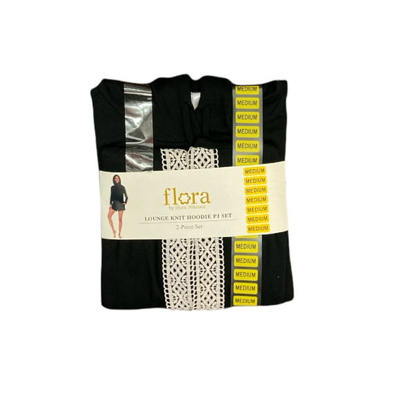 Flora Women's Lounge Brushed Knit Lace Detail Hoodie & Shorts PJ Set (Black, S)