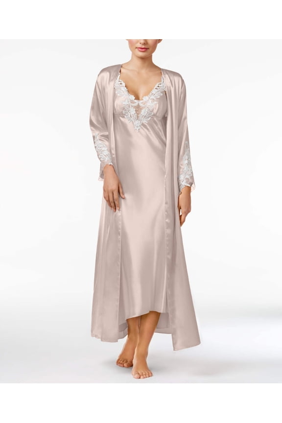 Flora Women's Stella Satin Venise Lace Trim Floor-Length Robe, Almond L/XL