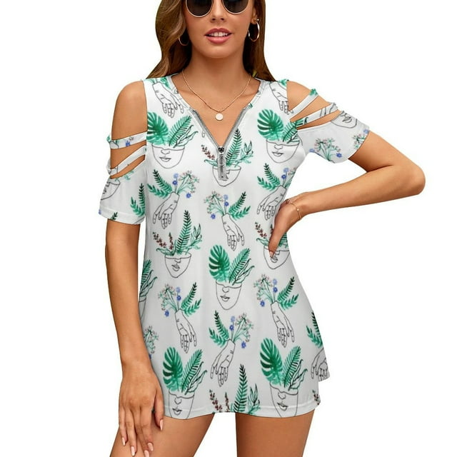Flora Y Fauna Flower Flowers Plant Plants Leaf Zip Off Shoulder Top for Women Girl's