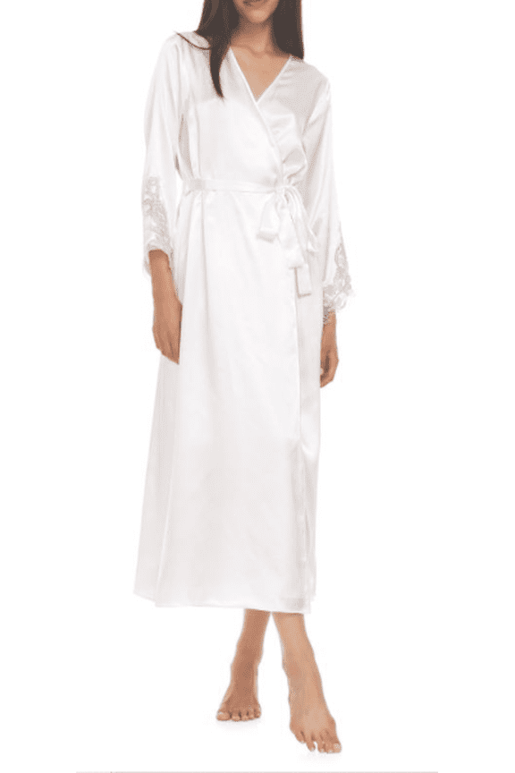 Flora by Flora Nikrooz IVORY Stella Satin Venise Trim Robe, US Small/Medium