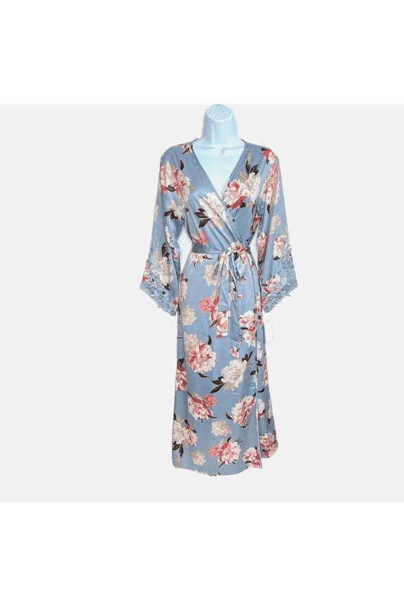Flora by Flora Nikrooz Women's Stella Floral Charmeuse Robe Gray, Large