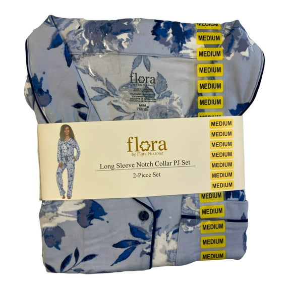 Flora by Flora Nikrooz Womens Blue Floral Long Sleeve Notch Collar PJ Pant Set XXL