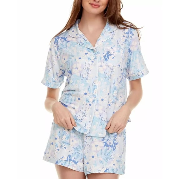 Flora by Flora Nikrooz womens 2pc Printed Knit Pajama Set, L, Blue