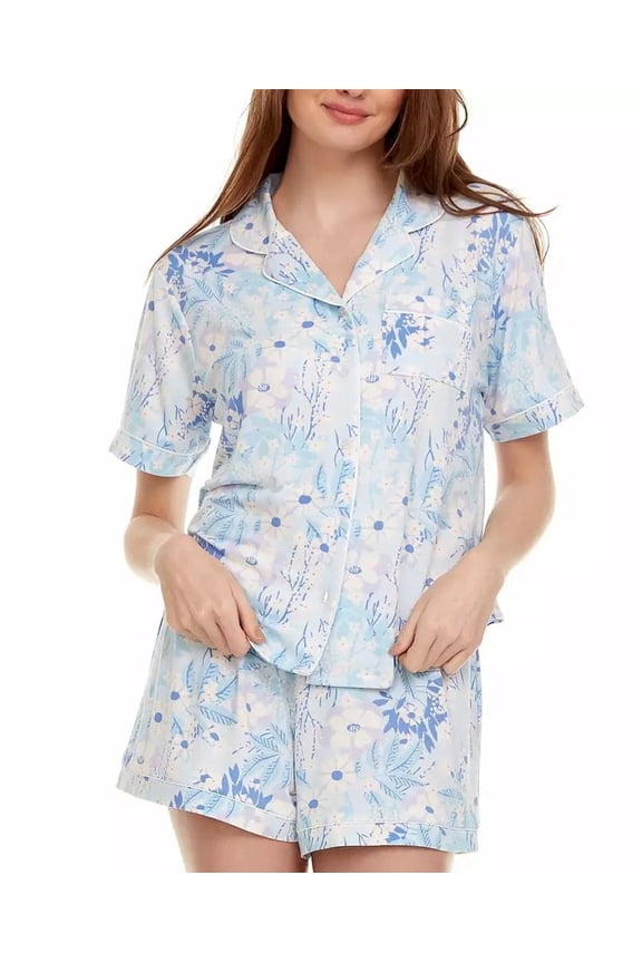 Flora by Flora Nikrooz womens 2pc Printed Knit Pajama Set, L, Blue