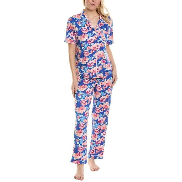 Flora by Flora Nikrooz womens 2pc Printed Knit Pajama Set, L, Blue