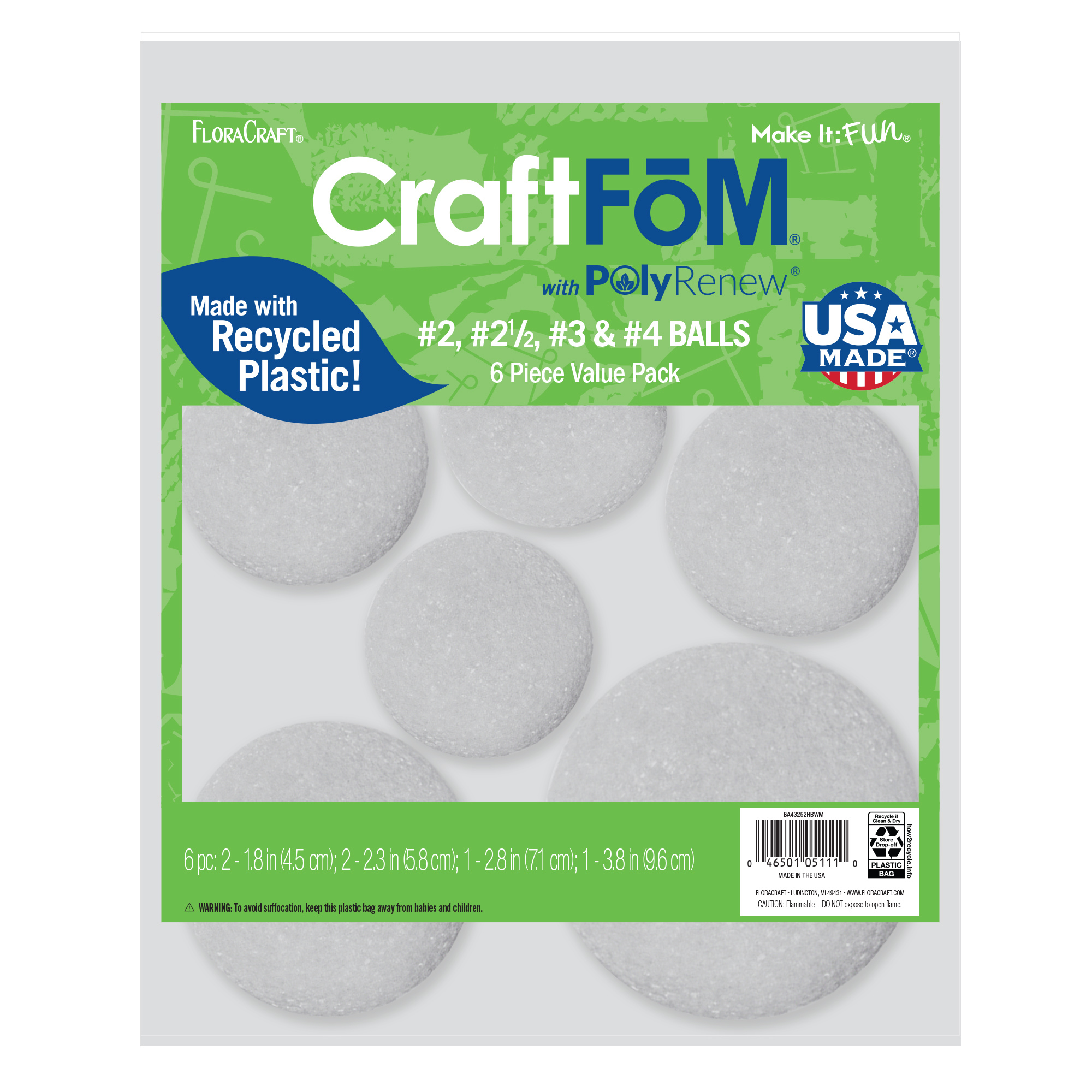 FloraCraft CraftFōM 6 piece Crafting Foam Ball Assorted Sizes White – 2 piece 1.8 inch, 2 piece 2.3 inch, 1 piece 2.8 inch and 1 piece 3.8 inch - image 1 of 7
