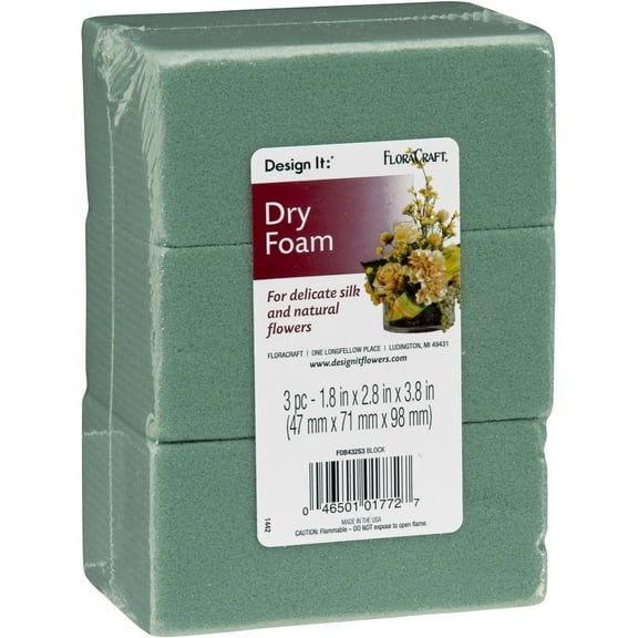 FloraCraft Floral Dry Foam 3 Piece Block 1.8 inch x 2.8 inch x 3.8 inch Green