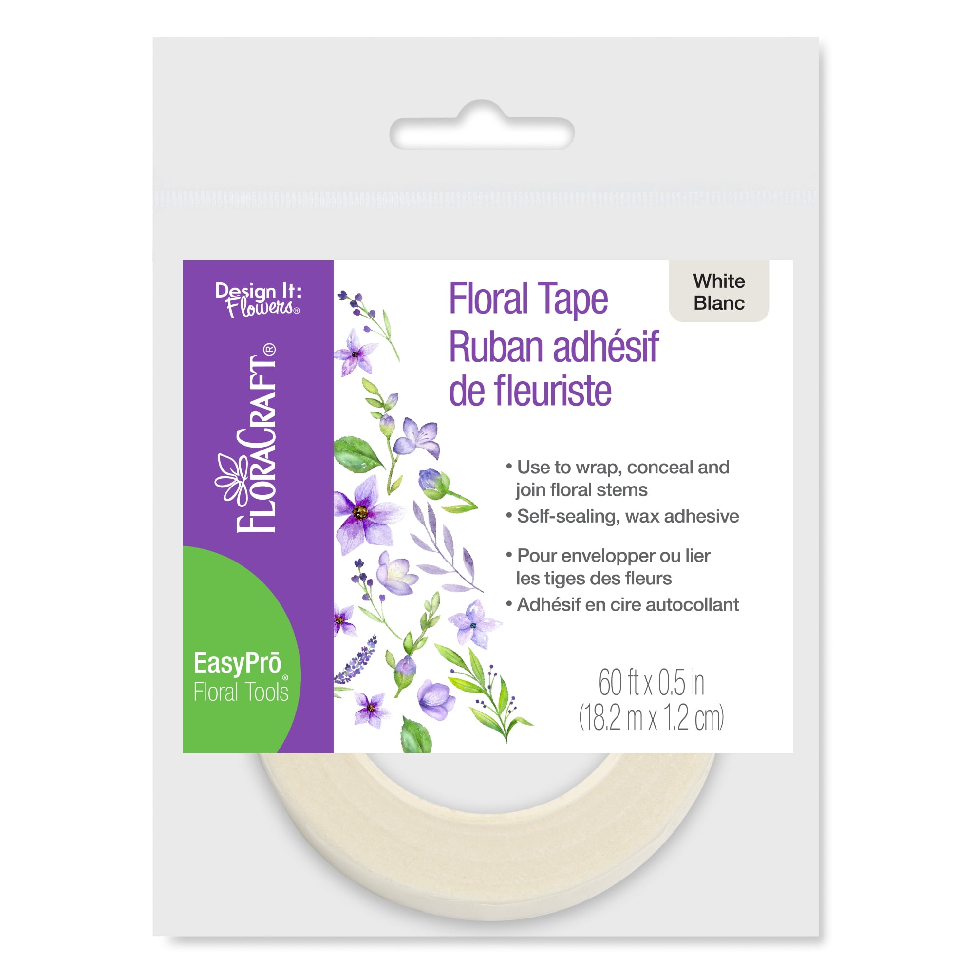 FloraCraft Floral Tape, 0.5 in x 60 ft, White, Paper, 1 Roll