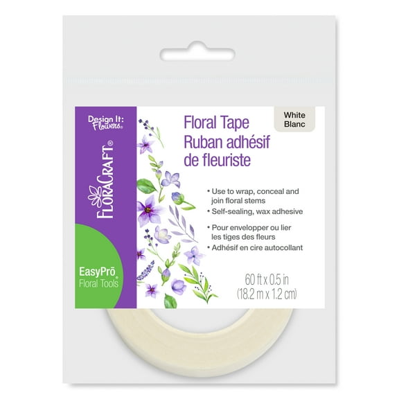FloraCraft Floral Tape, 0.5 in x 60 ft, White, Paper, 1 Roll