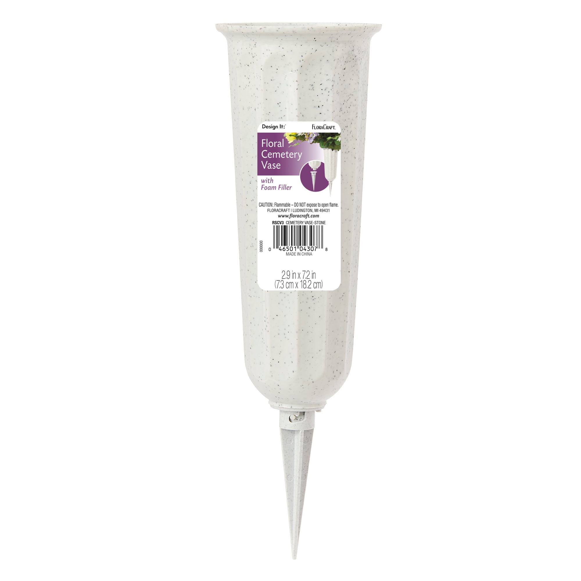 FloraCraft Plastic Cemetery Vase With Foam and Removable Spike 2.9 inch x 7.2 inch Stone