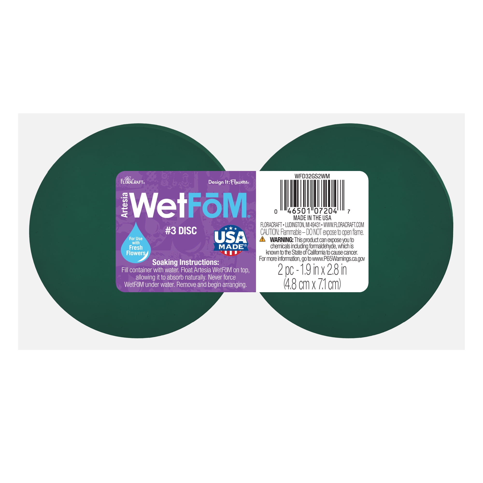 FloraCraft Artesia WetFōM Disc, 1.9 in x 2.8 in, Green, 2 Pieces – Floral Arranging Supply