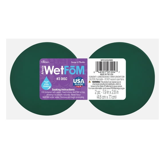 FloraCraft Artesia WetFM Disc, 1.9 in x 2.8 in, Green, 2 Pieces Floral Arranging Supply