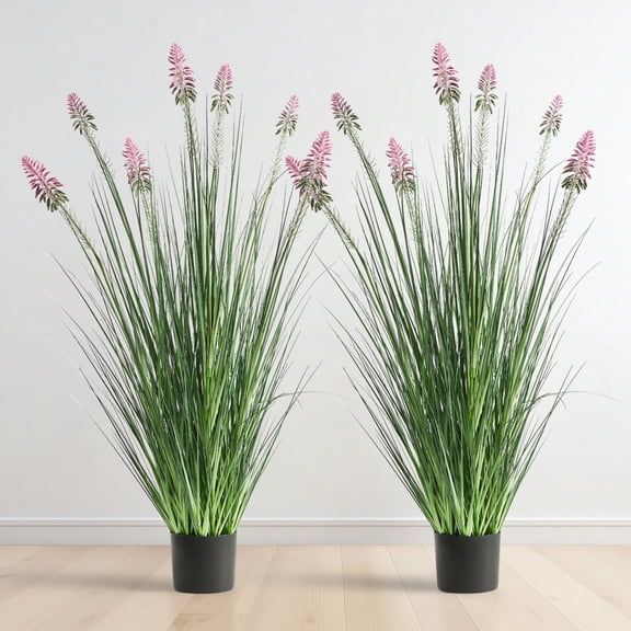 FloraFairy 4ft 2-Pack Artificial Horsetail Reed Grass with Purple Cockscomb Flower, 48in Tall Potted Faux Plants