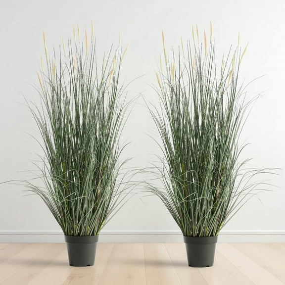 FloraFairy Faux 4ft 2-Pack Horsetail Reed Grass with Pink Spikes, 48in Tall Potted Fake Grass, Set of 2