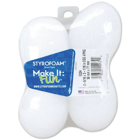 Floracraft Styrofoam Eggs, 3-1/16" x 2-15/16", 4/Pkg, White