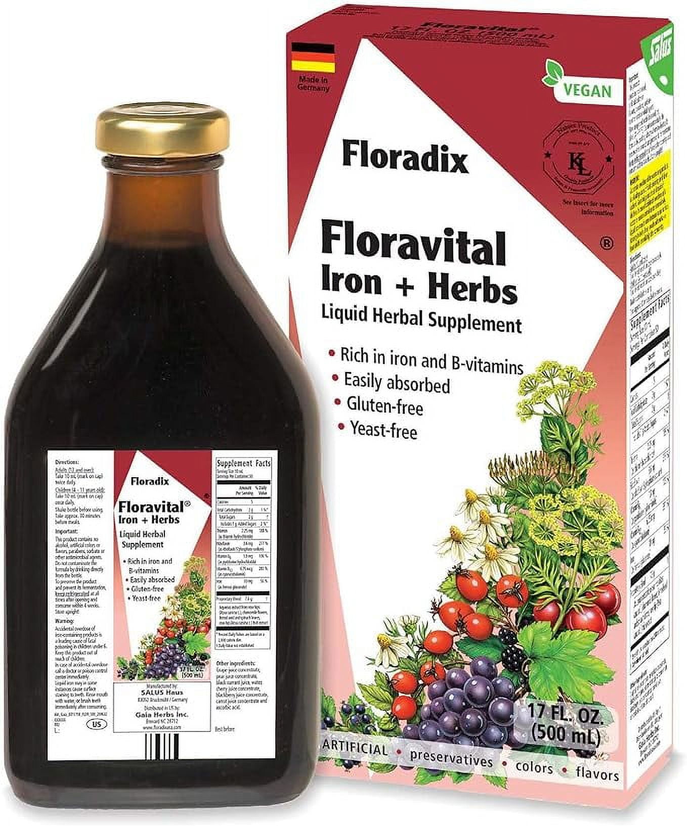 Floradix Floravital Iron And Herbs Liquid Vegetarian Supplement, Supports Energy, 17 Oz, 3 Pack