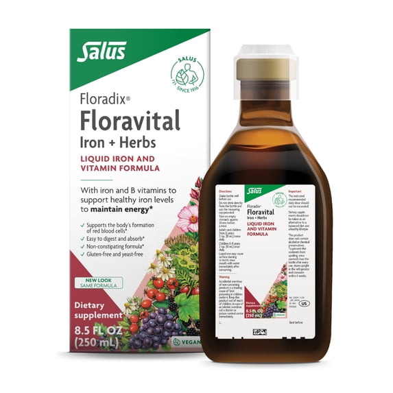 Floradix Floravital Liquid Iron & Vitamin Formula - Liquid Iron Supplement with C & B Vitamins & Herbs for Energy Support - Vegan, Gluten-Free, Yeast-Free & Non-GMO - 8.5 Fl Oz