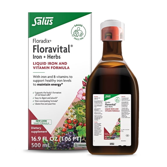 Floradix Floravital Liquid Iron & Vitamin Formula - Liquid Iron Supplement with C & B Vitamins & Herbs for Energy Support - Vegan, Gluten-Free, Yeast-Free & Non-GMO - 16.9 Fl Oz