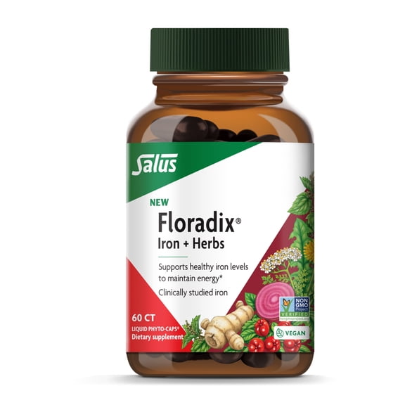 Floradix Iron + Herbs - Iron Supplement for Healthy Energy Support* - Supports Red Blood Cell Formation - Vegan, Non-GMO, Gluten-Free, Soy-Free - 60 Liquid Phyto-Caps