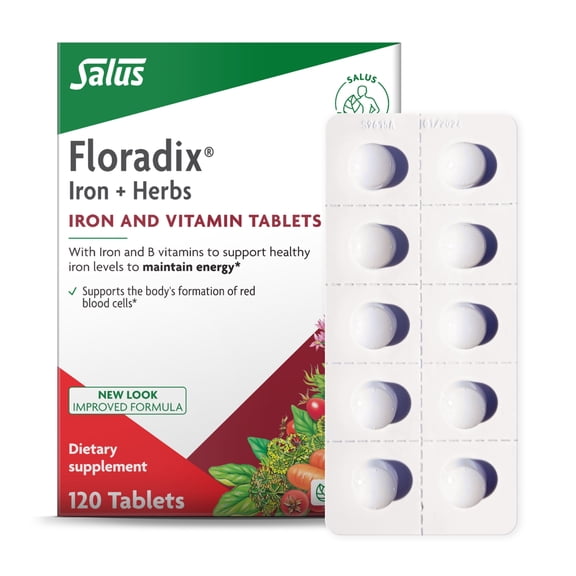 Floradix Iron Tablets - Iron Supplement with B Vitamins, Folic Acid, Vitamin C & More - Energy Support - Vegetarian & Gluten-Free - 120 Tablets (120 Servings)