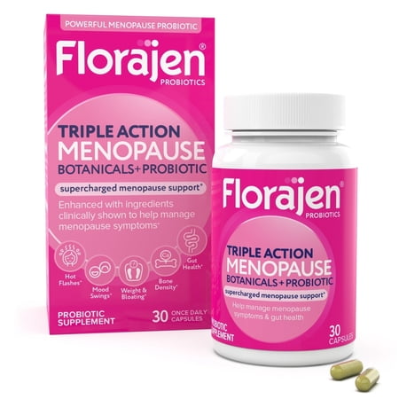 Florajen Women’s Menopause Support, Black Cohosh for Night Sweats & Gut Health, & Mood Balance, Daily Menopause Support 30ct