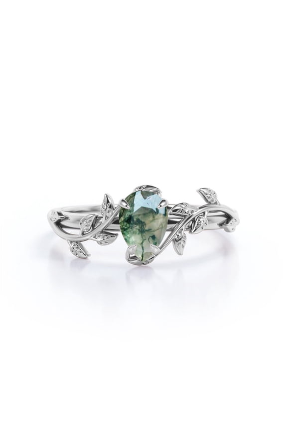 Floral 1 Carat Pear Cut Moss Agate Engagement Ring