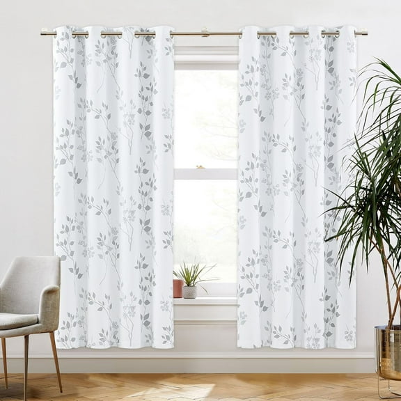 Floral 100% Blackout Curtains 72 Inches Long 2 Panels for Bedroom Living Room Grey White Flower Patterned Room Darkening Thermal Insulated Soundproof Grommet Window Treatments Drapes, 52X72