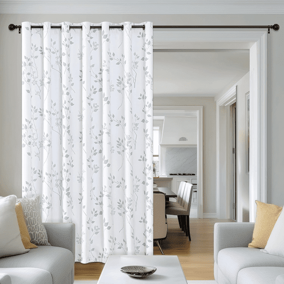 Floral 100% Blackout Curtains 84 Inch Length 1 Panel for Patio Sliding Door Extra Wide Grey White Flower Patterned Divider Room Darkening Thermal Soundproof Grommet Window Drapes,100x84, 1 set