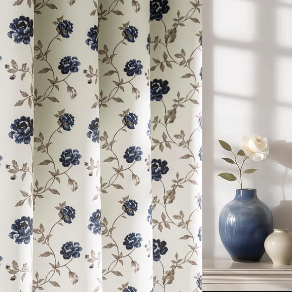 Floral 100% Blackout Curtains 84 Inches Long 2 Panels for Bedroom Living Room Blue Brown on Beige Vintage Rose Flower Patterned Room Darkening Thermal Soundproof Grommet Window Drapes, 52X84