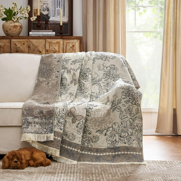 Boho Floral   Blanket 4-Layer Throw Blanket with Tassel Grey and White Flower Butterfly Soft Luxury Rustic Farmhouse Decor Blanket for Couch Bed 60x80 inch  Season  for Women